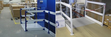 Links: Bühne mit Bühnenlift, Rechts: Eingezogener Palettenübergabeplatz